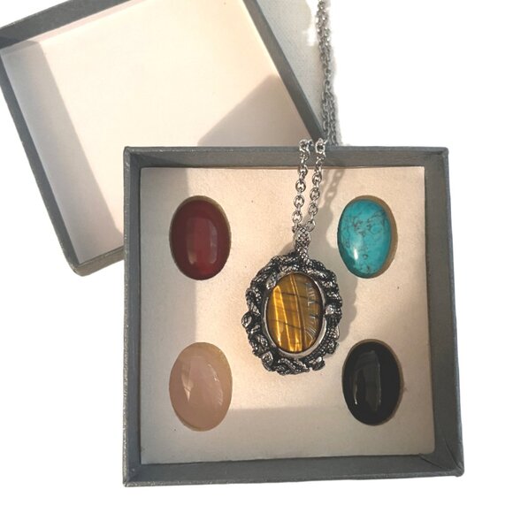 Silver Tone Necklace with Five Interchangeable Cabochon Gemsones New In Box - Picture 1 of 8